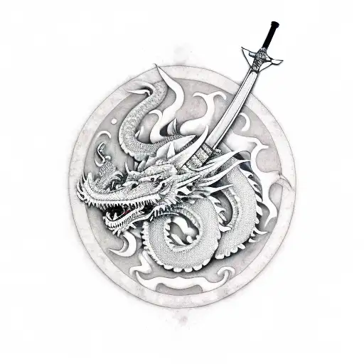 samurai sword with dragon wrapping around the sword tattoo design idea