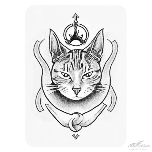 A death-themed tarot card featuring a cat as the central figure, done in a dotwork style tattoo design idea