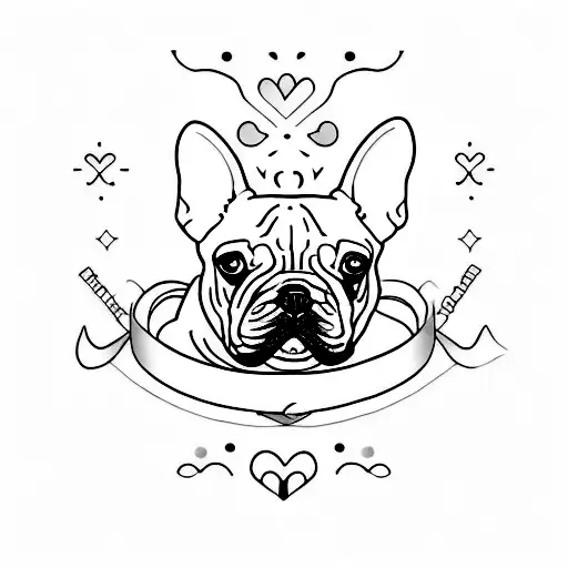 Create a minimalist tattoo design that combines the symbols for mom, grandma, and a french bulldog. tattoo design idea