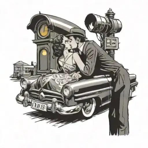 man and woman in a 1950s style car leaning in to kiss each other the car is parked in front of a standing traffic light  tattoo design idea