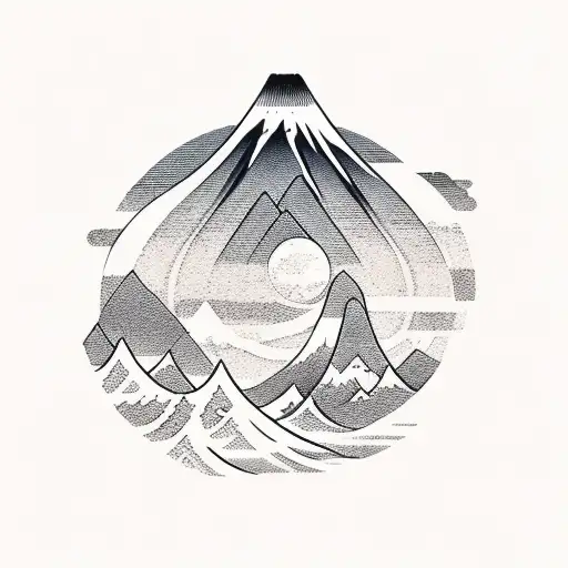 japanese style sunset, mountains waves tattoo design idea