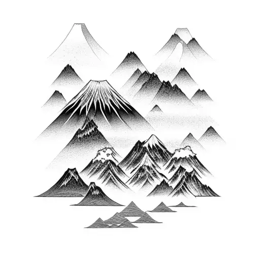 japanese style sunset, mountains waves tattoo design idea
