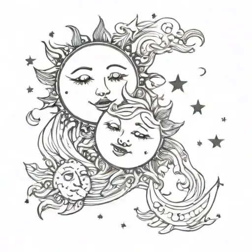 sun hugs the moon and stars tattoo design idea