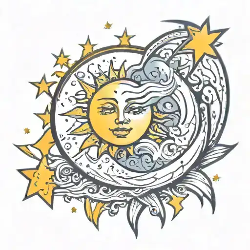 sun hugs the moon and stars tattoo design idea