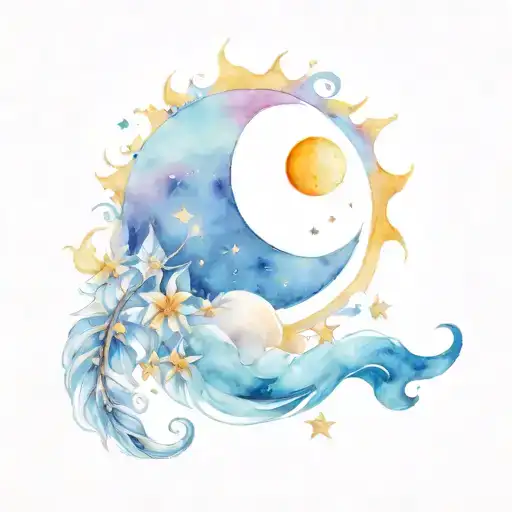 sun hugs the moon and stars tattoo design idea