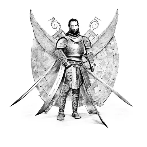 warrior in armor medieval man with wings on his back to three quarters holding a long sword and shield tattoo design idea