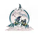 A traditional style tattoo of Batman and a bear riding horses side by side tattoo design idea