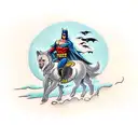 A traditional style tattoo of Batman and a bear riding horses side by side tattoo design idea