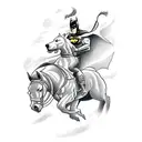 A traditional style tattoo of Batman and a bear riding horses side by side tattoo design idea