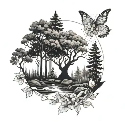 A tattoo of a peaceful forest scene with your daughter playing in a sunbeam, surrounded by delicate flower accents tattoo design idea
