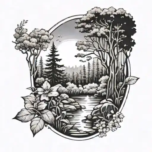 A tattoo of a peaceful forest scene with your daughter playing in a sunbeam, surrounded by delicate flower accents tattoo design idea