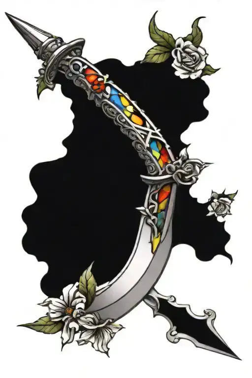 Dagger with stained glass in handle and flowers around blade tattoo design idea