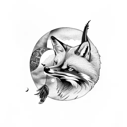 feathers with fox, crows and moon phases tattoo design idea