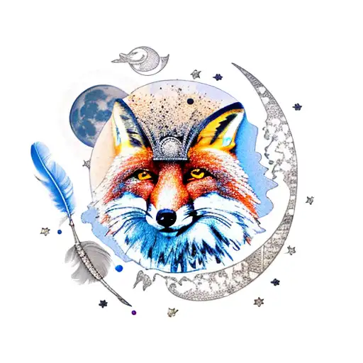 feathers with fox, crows and moon phases tattoo design idea