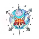 feathers with fox, crows and moon phases tattoo design idea