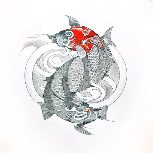 Yin and yang koi fishes in cyberpunk style tattoo design idea