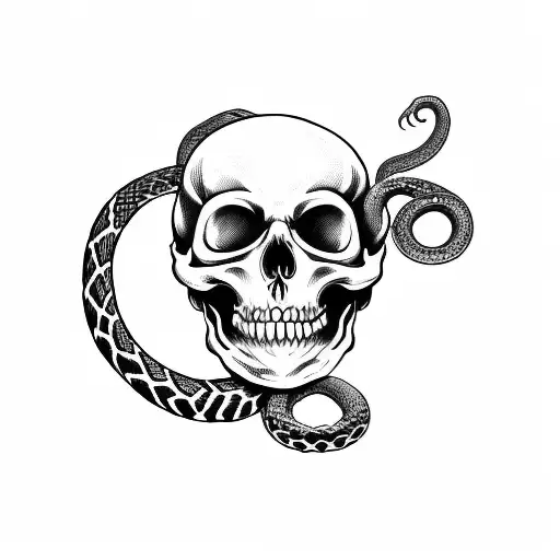 a scull with a snake through its eyehole and a red rose in the scull mouth tattoo design idea