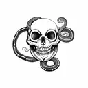 a scull with a snake through its eyehole and a red rose in the scull mouth tattoo design idea