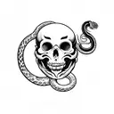 a scull with a snake through its eyehole and a red rose in the scull mouth tattoo design idea