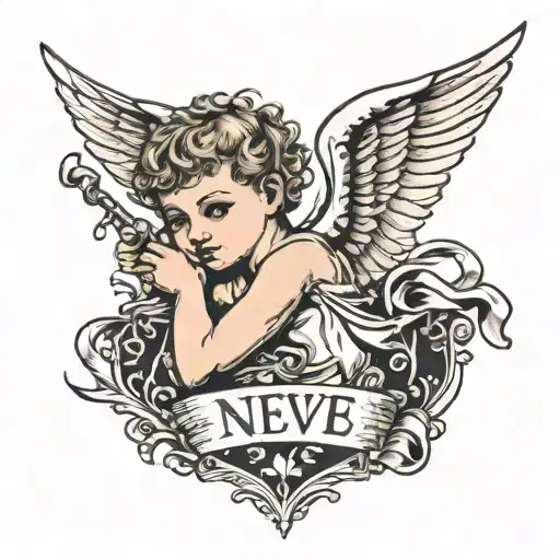cherub with short hair and a scroll through it with Neve written in it  tattoo design idea