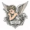 cherub with short hair and a scroll through it with Neve written in it  tattoo design idea