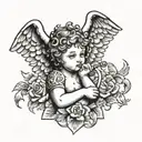 cherub with short hair and a scroll through it with Neve written in it  tattoo design idea