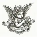 cherub with short hair and a scroll through it with Neve written in it  tattoo design idea