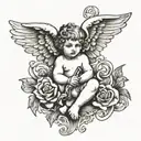 cherub with short hair and a scroll through it with Neve written in it  tattoo design idea