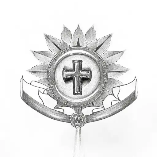 Christian Cross covered in daisies and sunflowers with firefighter helmet hanging on the top of the cross tattoo design idea