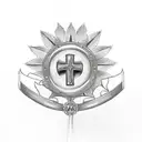 Christian Cross covered in daisies and sunflowers with firefighter helmet hanging on the top of the cross tattoo design idea