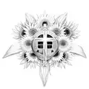 Christian Cross covered in daisies and sunflowers with firefighter helmet hanging on the top of the cross tattoo design idea