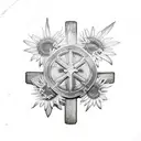 Christian Cross covered in daisies and sunflowers with firefighter helmet hanging on the top of the cross tattoo design idea