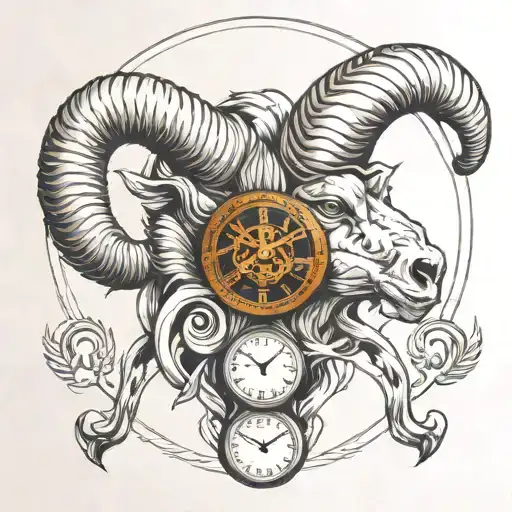 ram head clock inside tattoo design idea