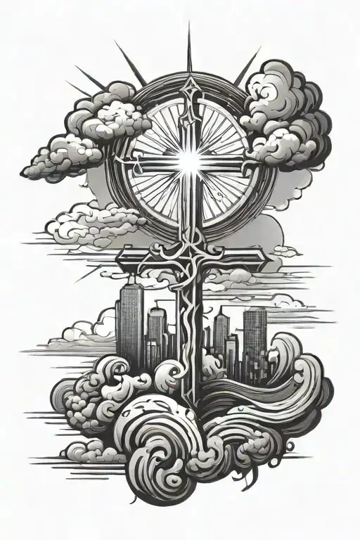 a cross and sun behind storm clouds. water underneath. tattoo design idea
