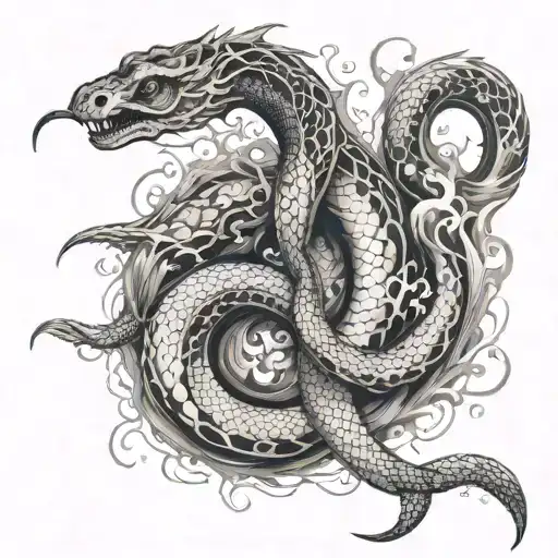 A serpent emerging from a fiery inferno, symbolizing the eternal cycle of creation and destruction, with subtle images of gods hidden within the flames tattoo design idea