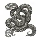 An intricate design of a snake shedding its skin, representing rebirth and transformation, intertwined with symbols of various gods from different cultures tattoo design idea