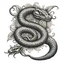An intricate design of a snake shedding its skin, representing rebirth and transformation, intertwined with symbols of various gods from different cultures tattoo design idea