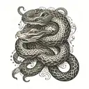 An intricate design of a snake shedding its skin, representing rebirth and transformation, intertwined with symbols of various gods from different cultures tattoo design idea