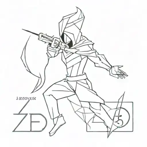 A minimalist tattoo of Zed from League of Legends in a dynamic pose with a quote from Earth, the Czech singer, symbolizing your love for gaming and music tattoo design idea