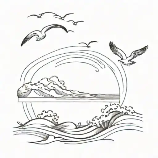 A minimalist tattoo of a beach scene with waves crashing against the shore and seagulls flying overhead, representing your love for the ocean and beach tattoo design idea