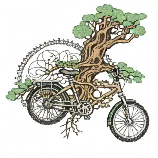 An intricate dotwork design of a tree of life intertwined with a bike chain, symbolizing the balance between nature and technology tattoo design idea