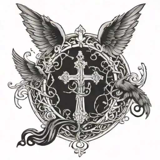  a tree of life intertwined with a cross with an angle with wings spread above the cross tattoo design idea