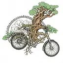 An intricate dotwork design of a tree of life intertwined with a bike chain, symbolizing the balance between nature and technology tattoo design idea