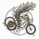 An intricate dotwork design of a tree of life intertwined with a bike chain, symbolizing the balance between nature and technology tattoo design idea