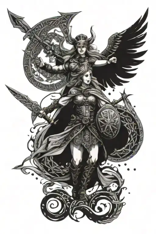 Norse tribal with freya and valkyries flying with their weapons tattoo design idea