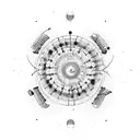 music schematic with piano and circle of fifths and play and record and skip buttons tattoo design idea