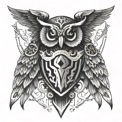 A symmetrical design combining a Spartan sword and shield with owl wings in a striking blackwork style tattoo design idea