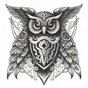 A symmetrical design combining a Spartan sword and shield with owl wings in a striking blackwork style tattoo design idea