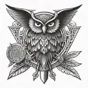 A symmetrical design combining a Spartan sword and shield with owl wings in a striking blackwork style tattoo design idea