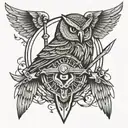 A symmetrical design combining a Spartan sword and shield with owl wings in a striking blackwork style tattoo design idea